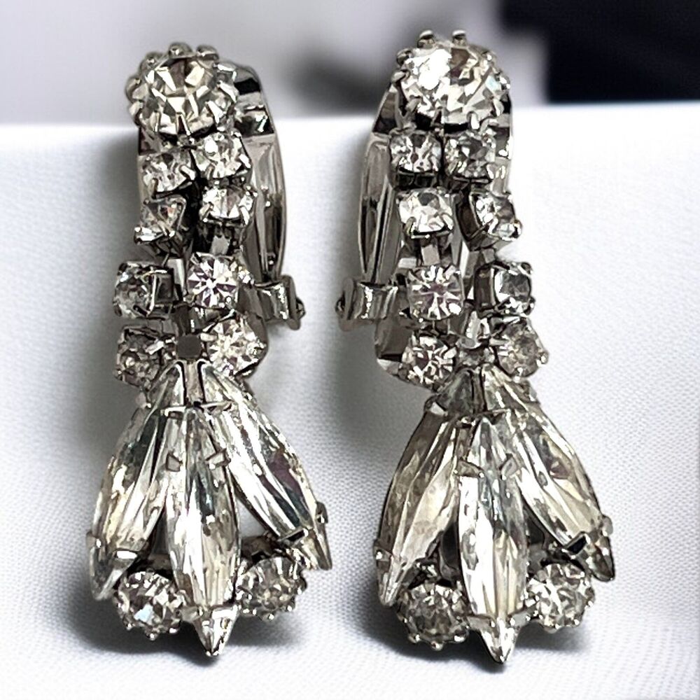 Vintage 1960s Clip On Earrings Silver Tone Clear Rhinestone Dangle Cluster - 13P